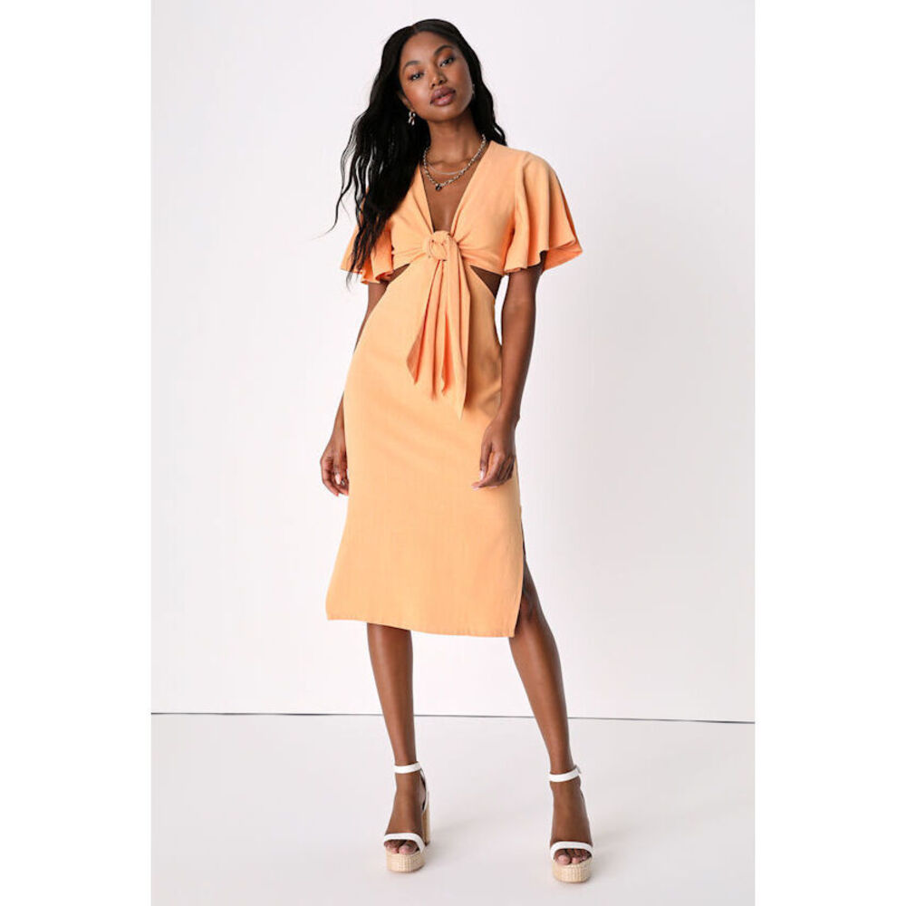 Lulus Summer Journey Light Orange Tie-front Cutout Midi Dress - Size S